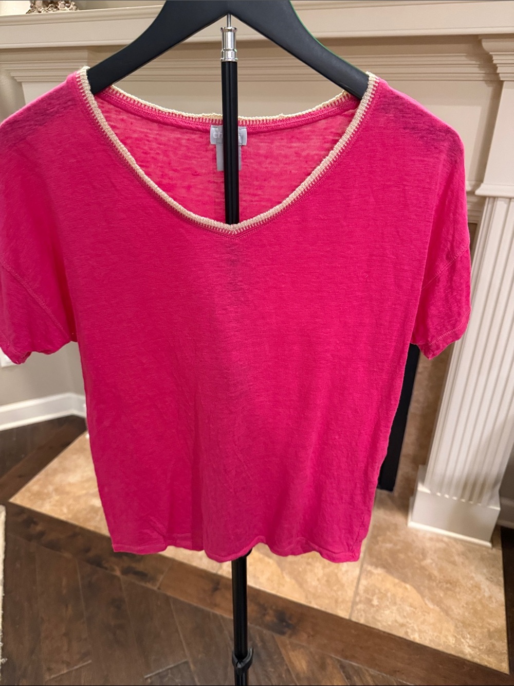Chico's Hot Pink V-Neck Short Sleeve Tee with Cream Trim